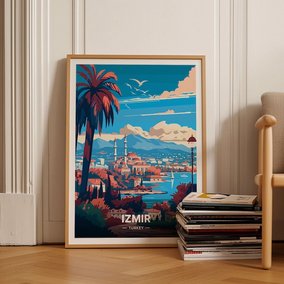 Izmir Turkey Mosque Minarets Palm Bay Vintage Retro Travel Poster