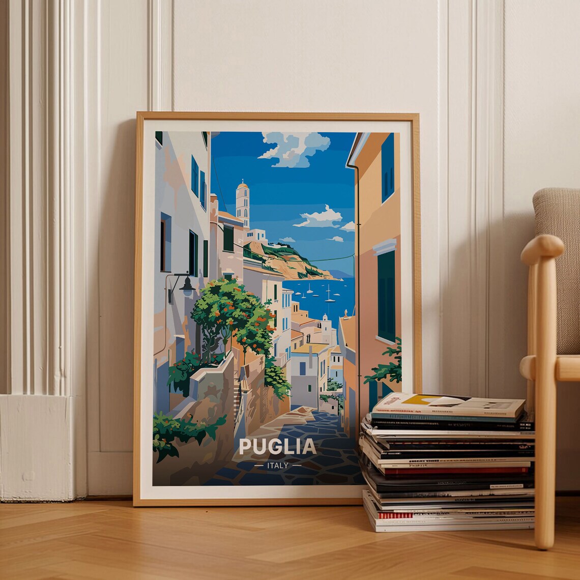 Puglia Italy Travel Poster Whitewashed Alley Sea View Village Art