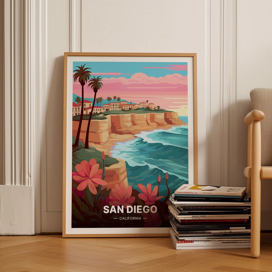 San Diego California Poster Cliffs Palms Sunset Coastline Art