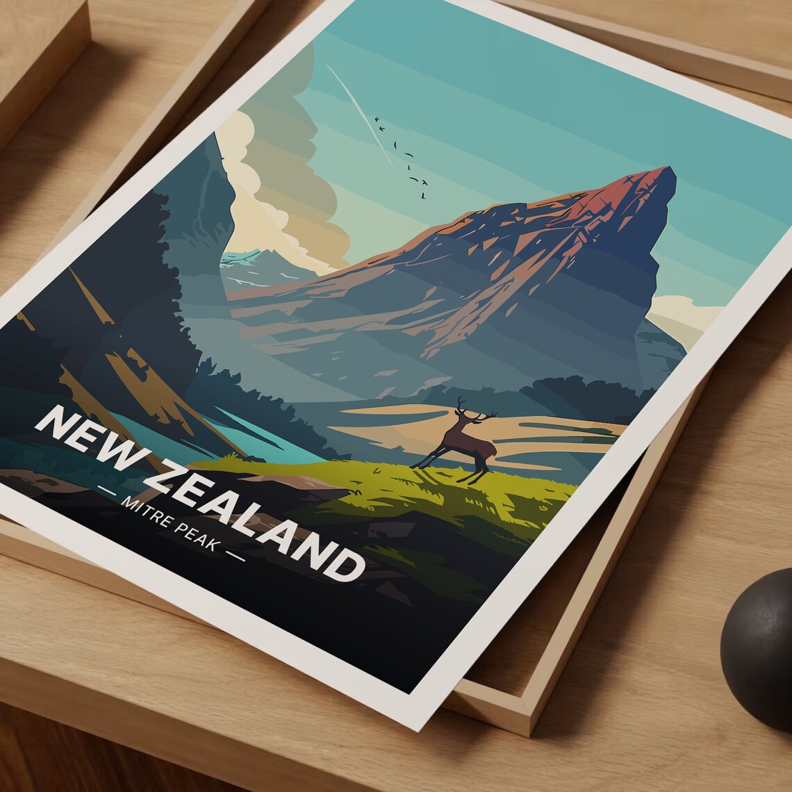 Mitre Peak New Zealand Red Deer Fiordland Vintage Travel Poster - Image 3