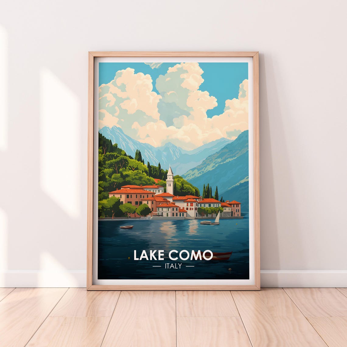 Lake Como Italy Lakeside Village Church Tower Mountains Poster