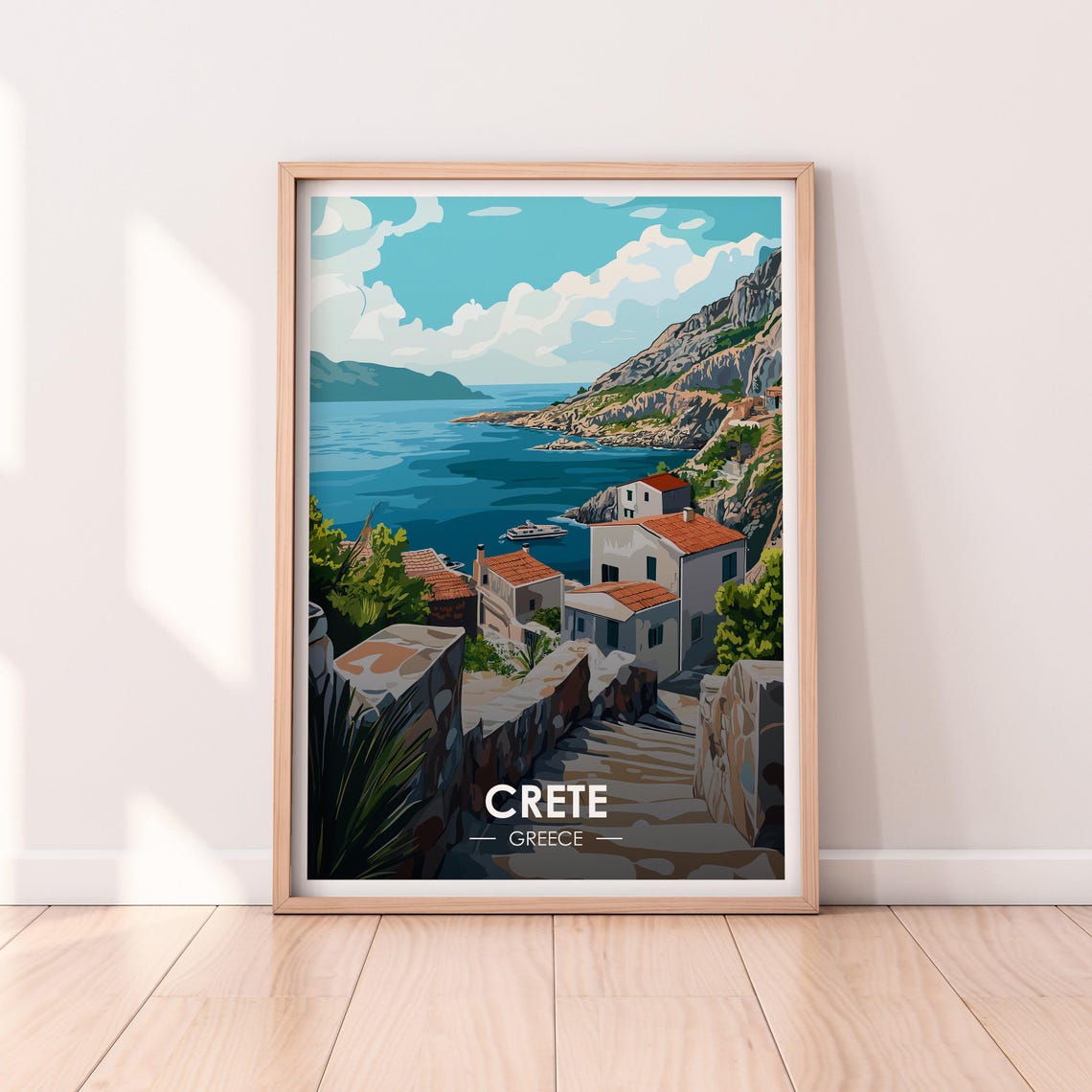 Crete Greece Coastal Village Red Tile Roofs Vintage Travel Poster