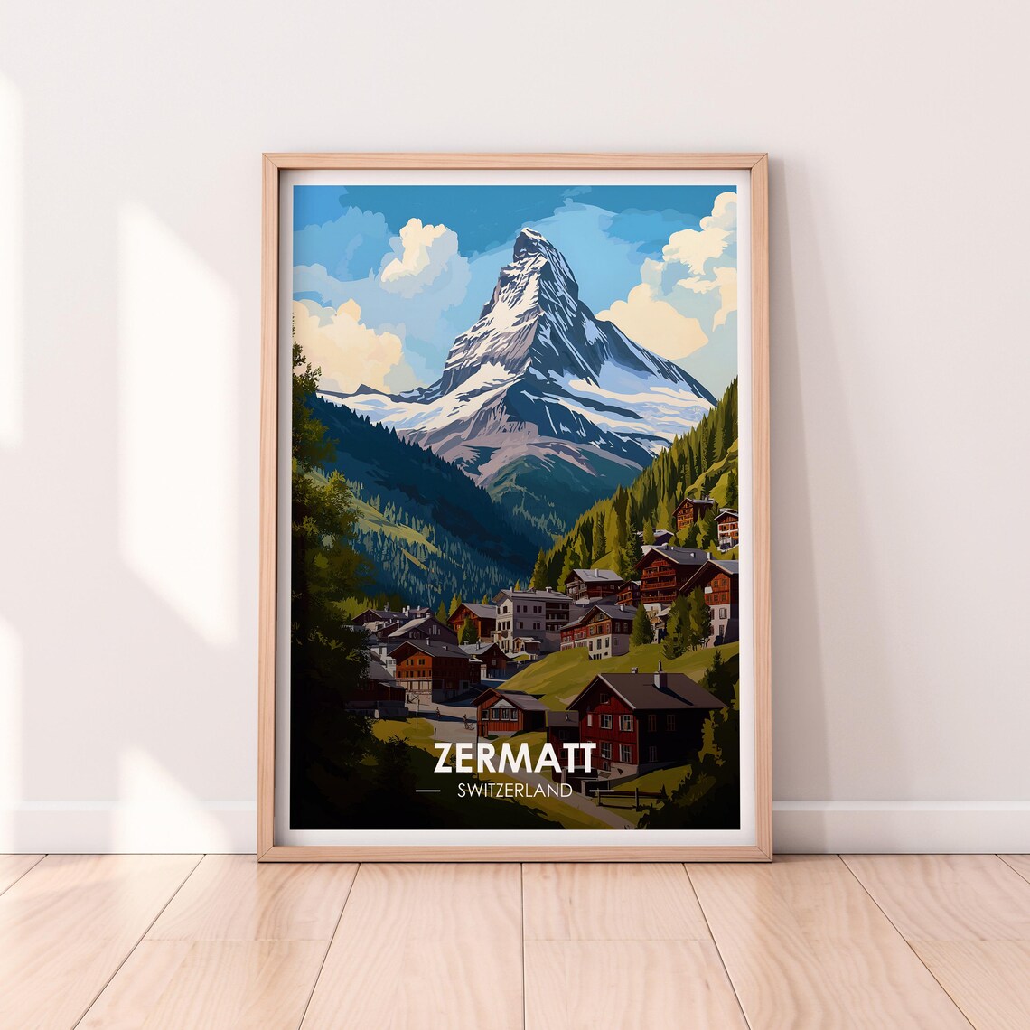 Zermatt Switzerland Matterhorn Village Chalets Vintage Travel Poster
