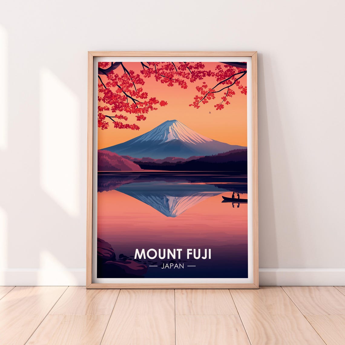 Mount Fuji Japan Lake Reflection Sunset Cherry Blossom Travel Poster