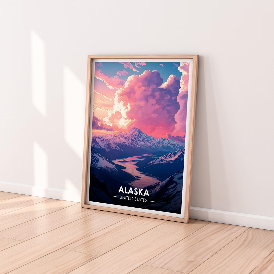 Alaska Snowy Mountain Valley Sunset Pink Clouds Travel Poster - Image 2