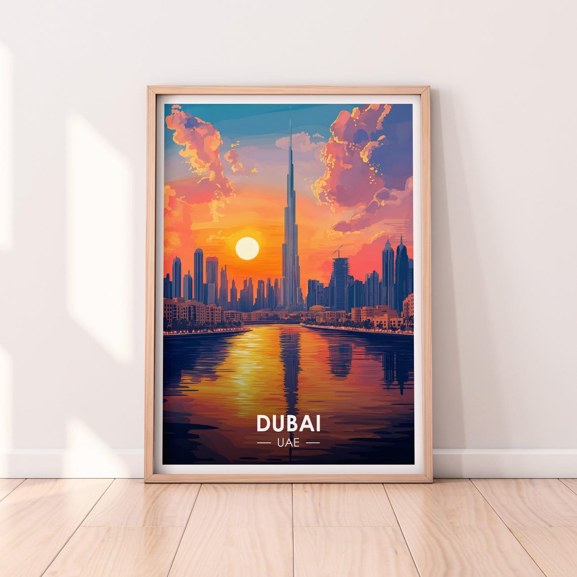 Dubai UAE Burj Khalifa Fiery Sunset Skyline Over Water Poster