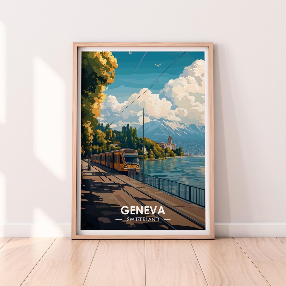 Geneva Switzerland Tram Along The Lake Mountains Travel Poster