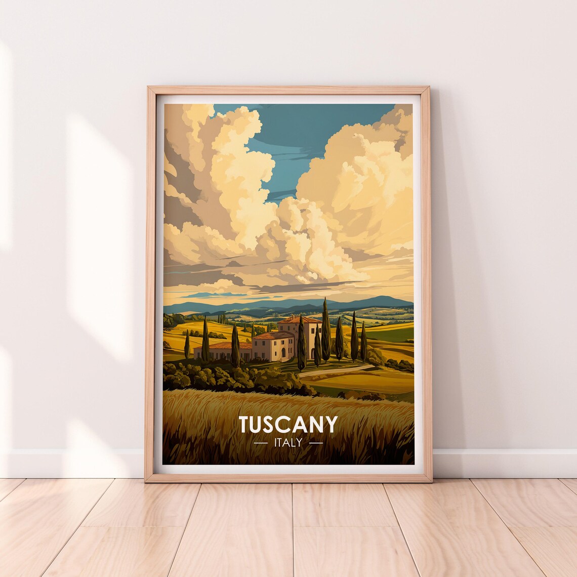 Tuscany Italy Golden Wheat Fields Cypress Villa Vintage Travel Poster