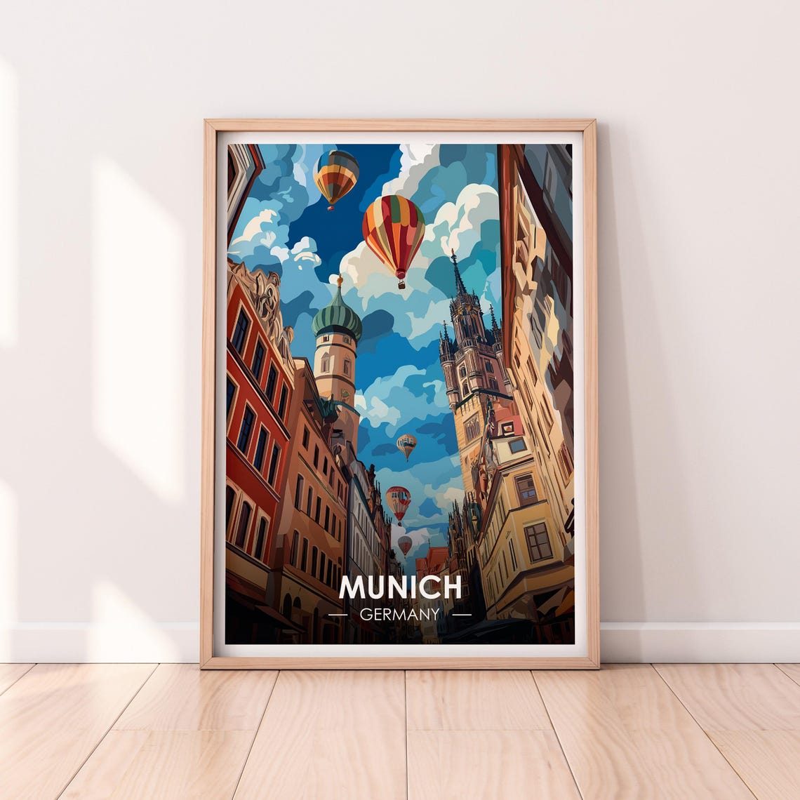 Munich Germany Hot Air Balloons Old Town Towers Retro Travel Poster