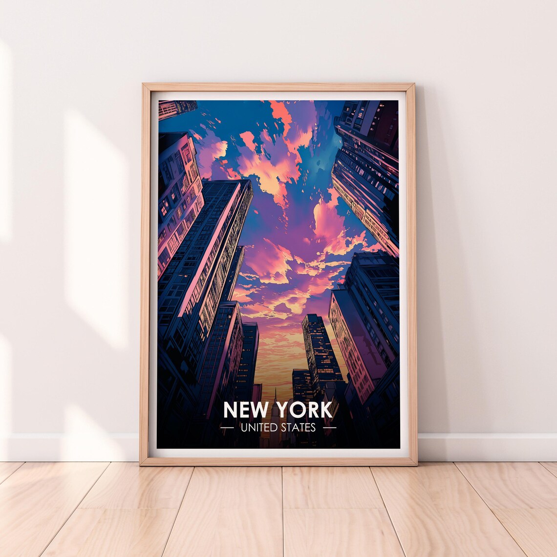 New York Skyscrapers Sunset Sky Pink Clouds Urban View Poster