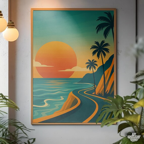 Tropical Coastal Road at Sunset With Palm Trees Retro Art Poster
