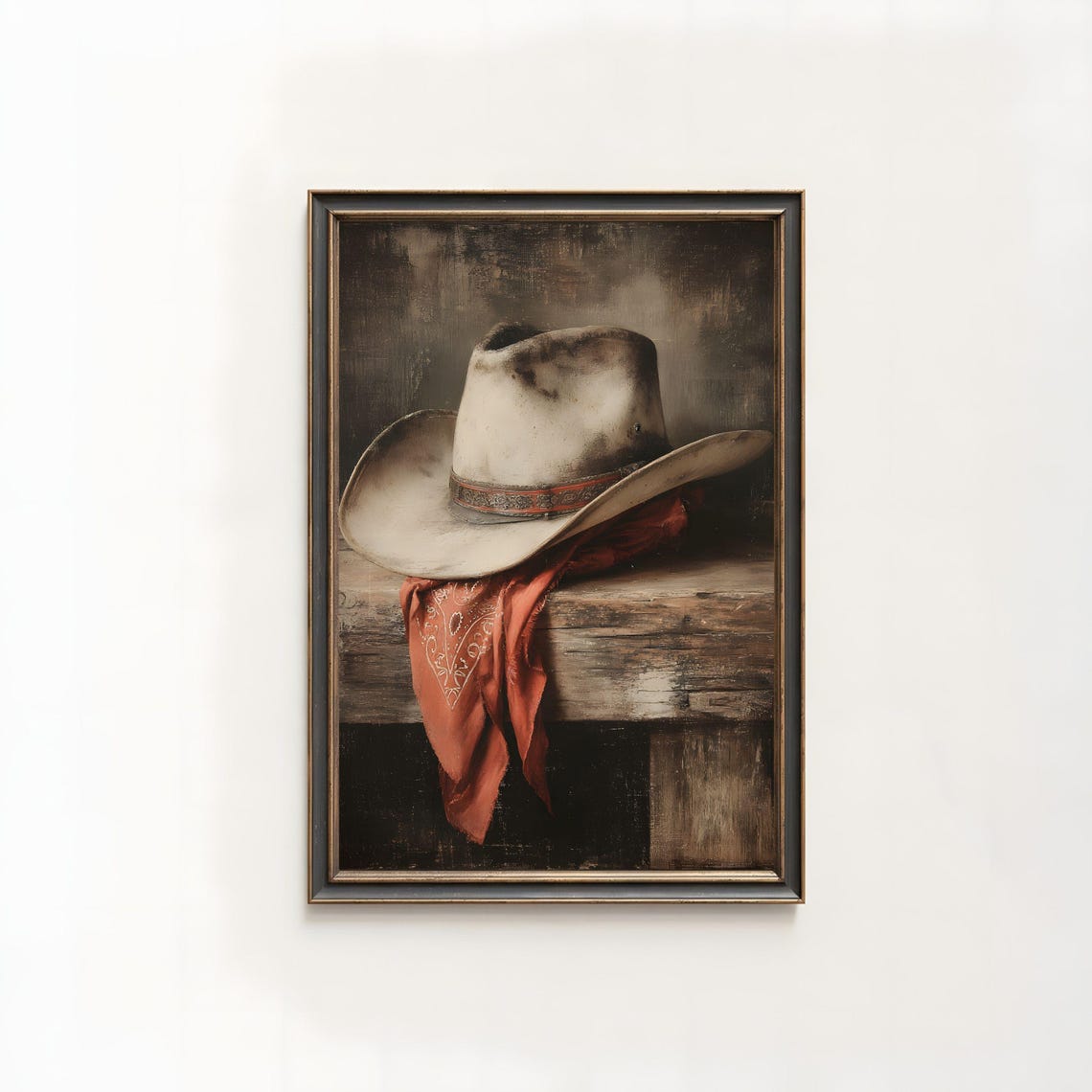 Weathered Cowboy Hat and Red Bandana Western Still Life Print