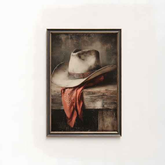 Weathered Cowboy Hat and Red Bandana Western Still Life Print