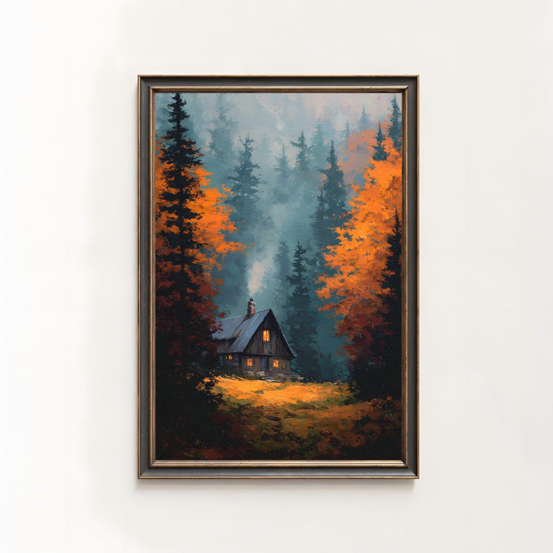 Cozy Cabin Autumn Forest Mist Oil Painting Rustic Landscape Poster