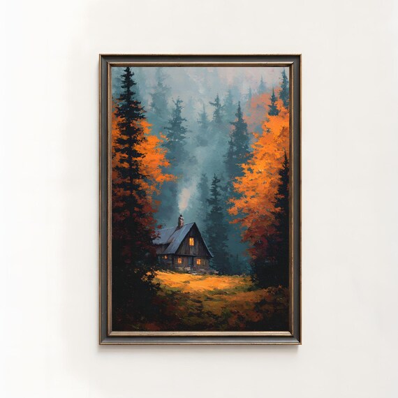 Vintage Hunters Cabin Oil Painting Print Rustic Autumn Landscape 284
