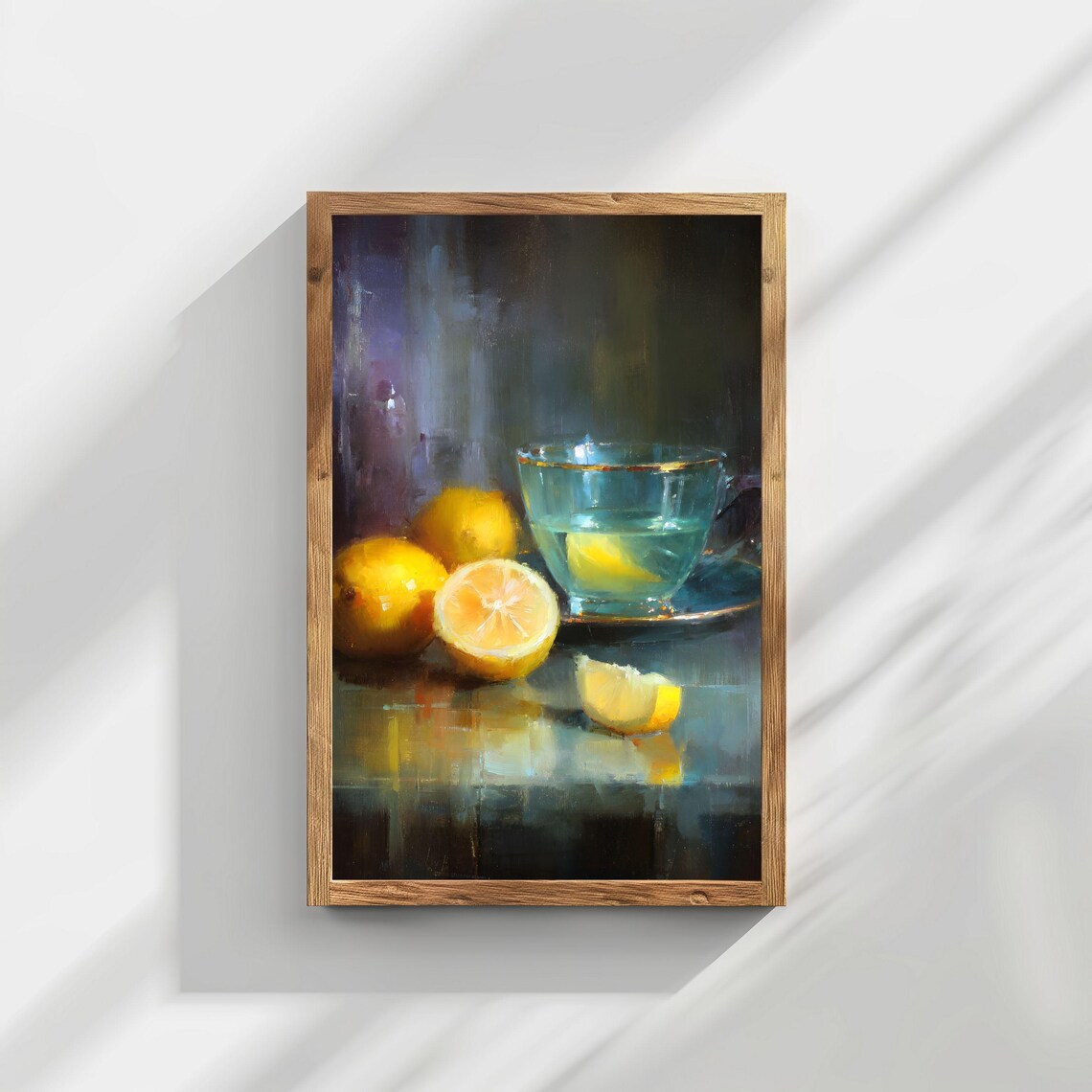 Vintage Lemons Still Life Oil Painting Glass Tea Cup Kitchen Wall Art