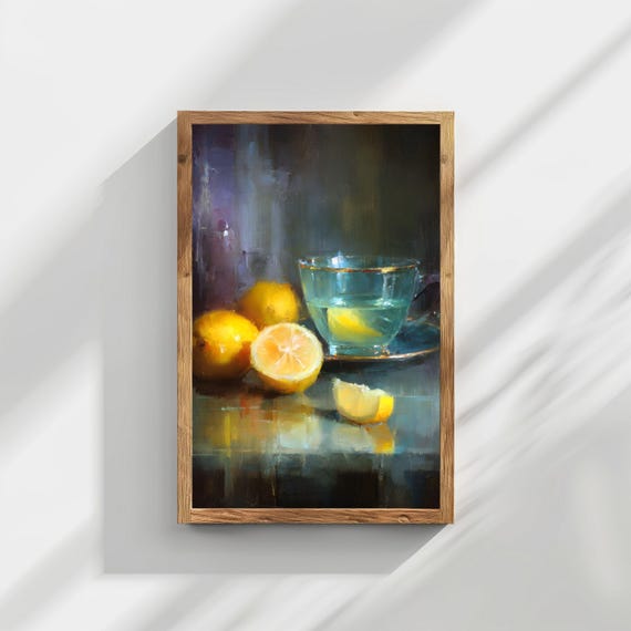 Lemons And Tea Cup Oil Painting Vintage Kitchen Wall Art 52