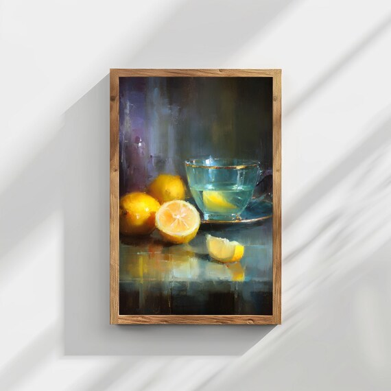 Vintage Lemons Still Life Oil Painting Glass Tea Cup Kitchen Wall Art