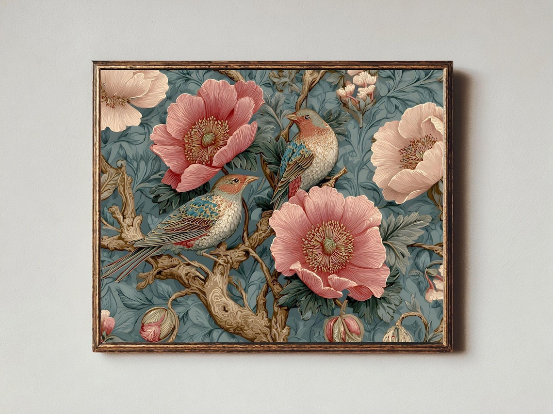 William Morris Floral Bird Art Print, Vintage Peony