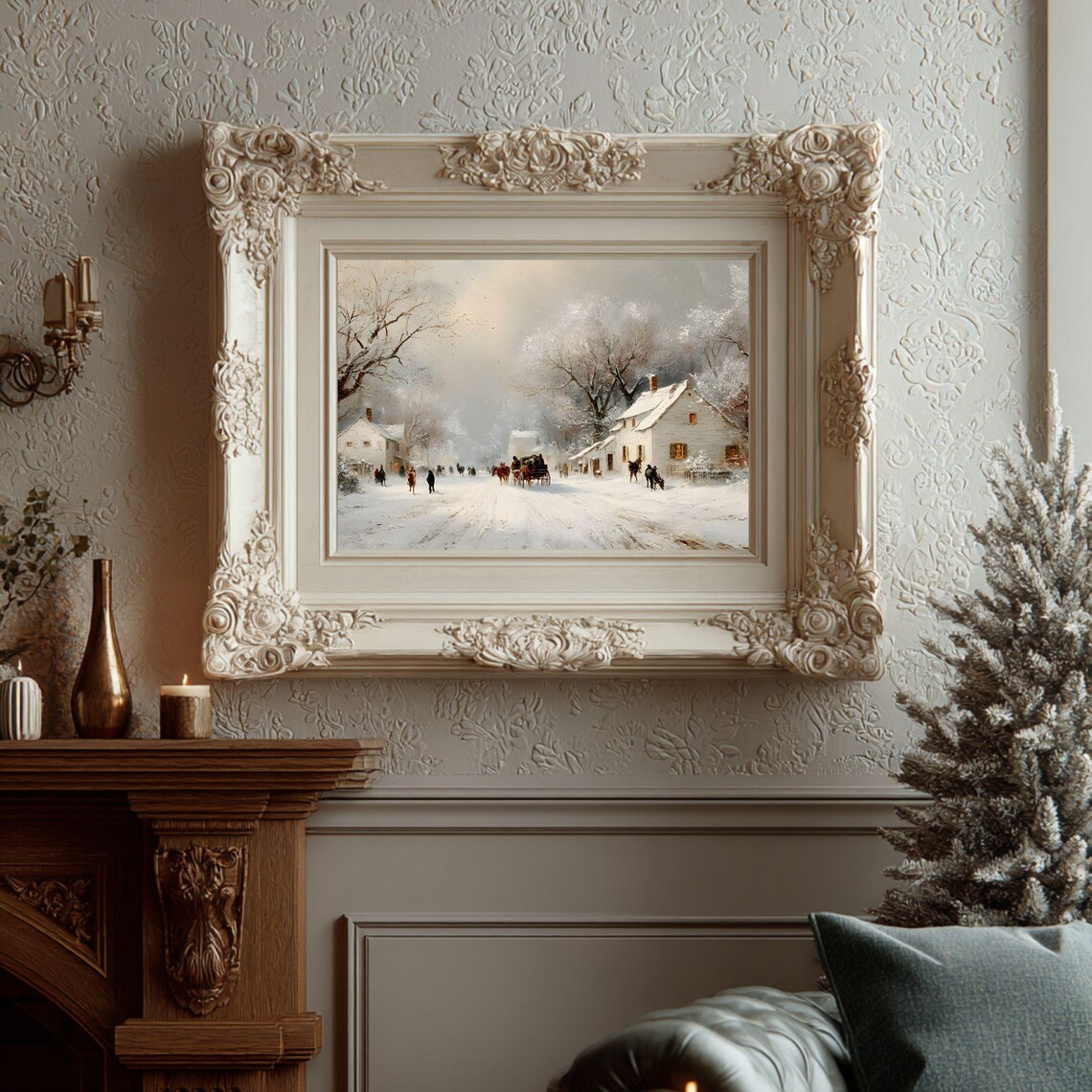 Snowy Village Winter Horse Sleigh Nostalgic Countryside Scene Art Poster
