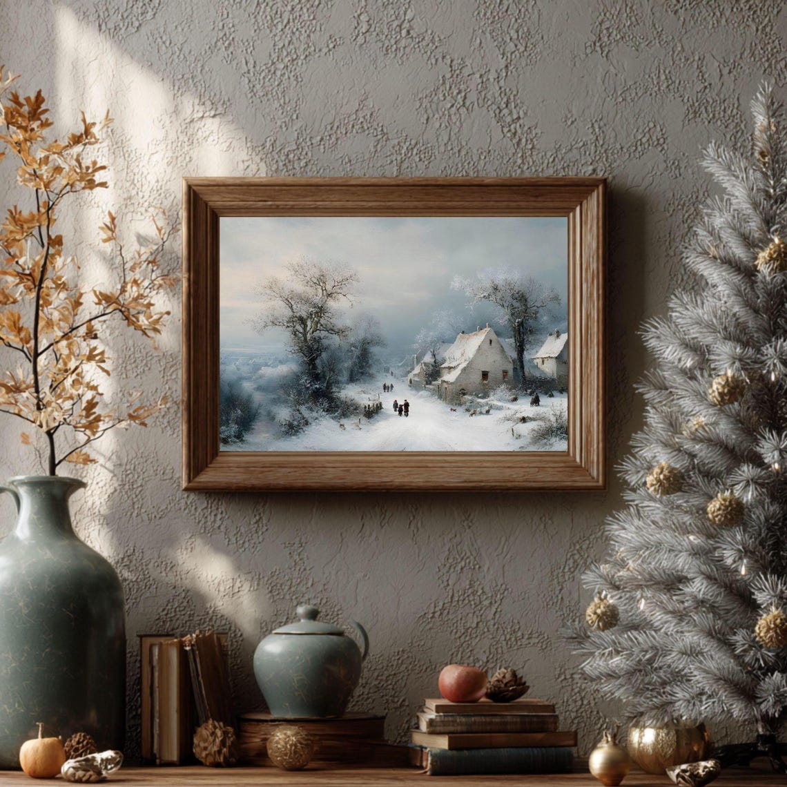 Snowy European Village Winter Walkers Dusk Glow Scene Art Poster