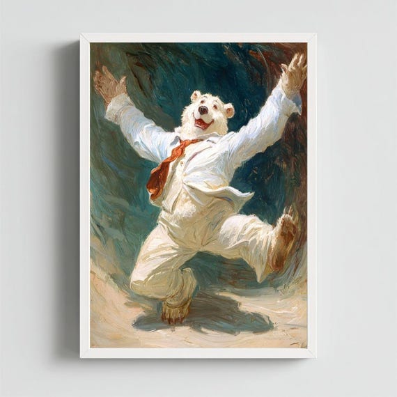 Excited Bear In Suit Art Print Vintage Animal Oil Painting 1265