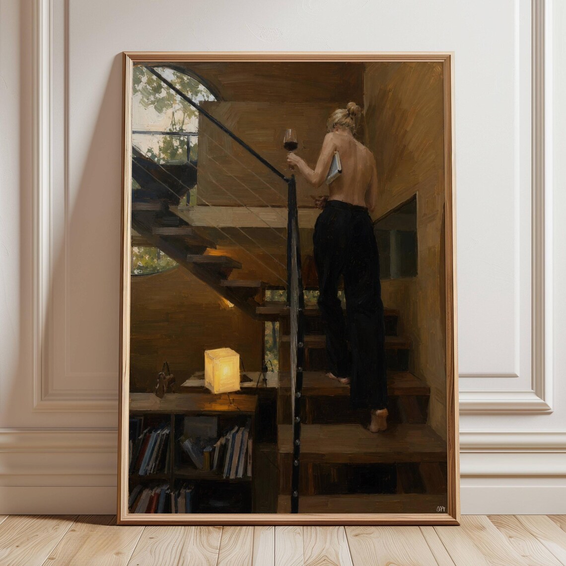 Woman Climbing Stairs With Wine Glass Moody Oil Painting Poster