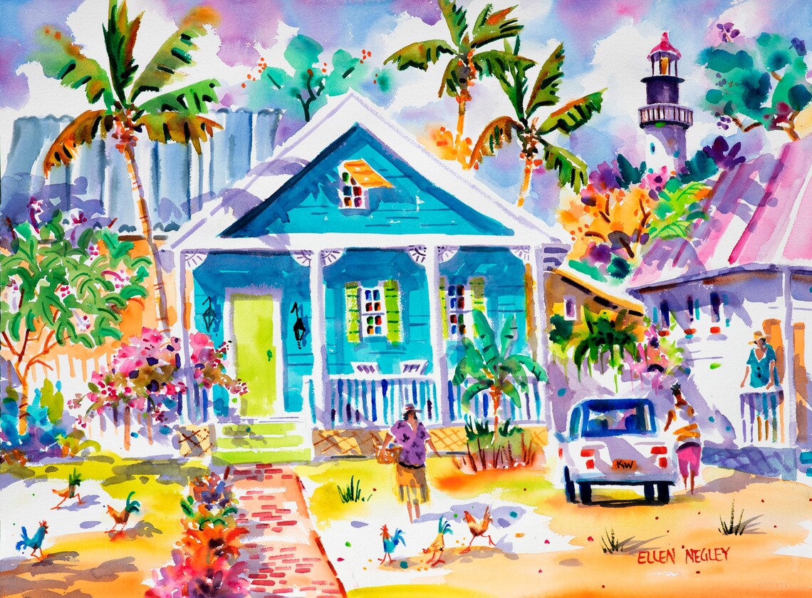 Turquoise Key West Cottage Street Scene with Lighthouse View Poster