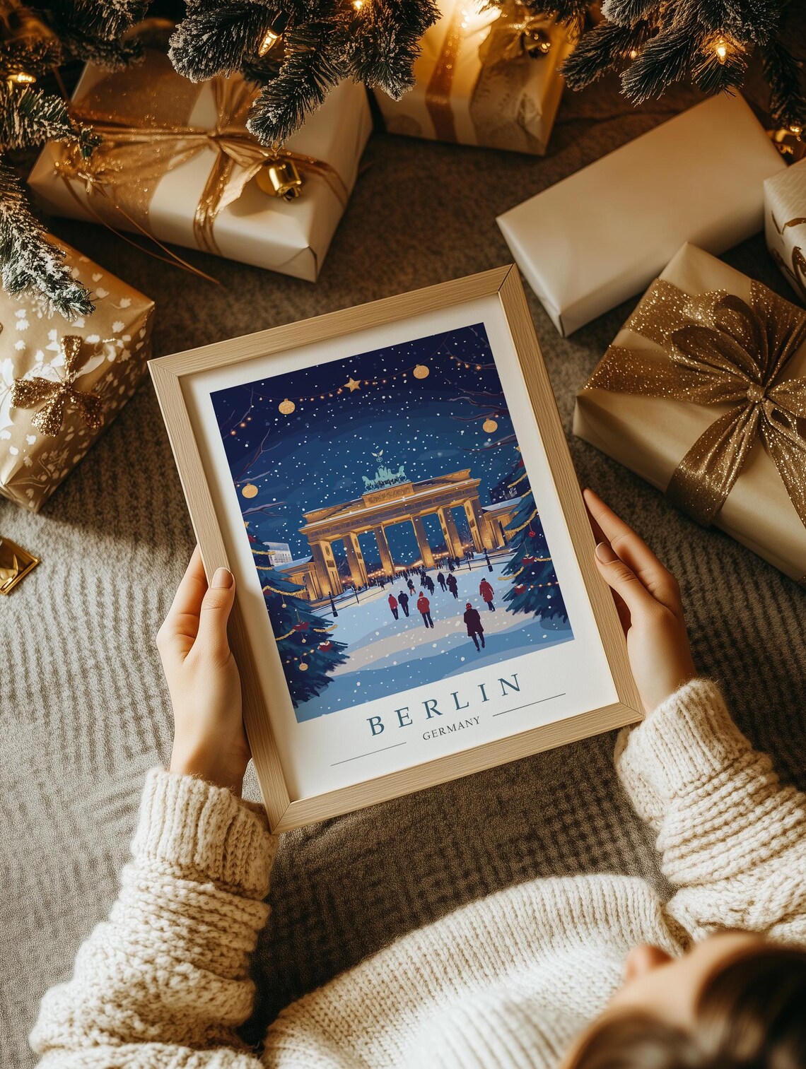 Berlin Christmas Market Brandenburg Gate Snowy Night Travel Poster - Image 2
