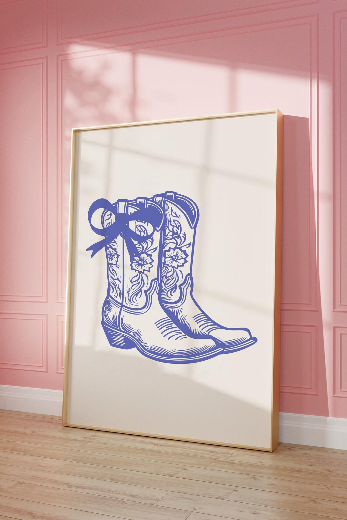 Navy Blue Cowgirl Boots With Bow Detailed Western Line Art Poster - Image 4