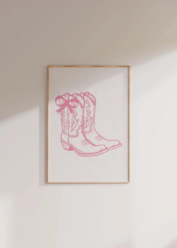 Pink Cowgirl Boots Print Coquette Poster Girly Western Print Dorm Aesthetic Trendy Pink Preppy Art Rodeo Poster