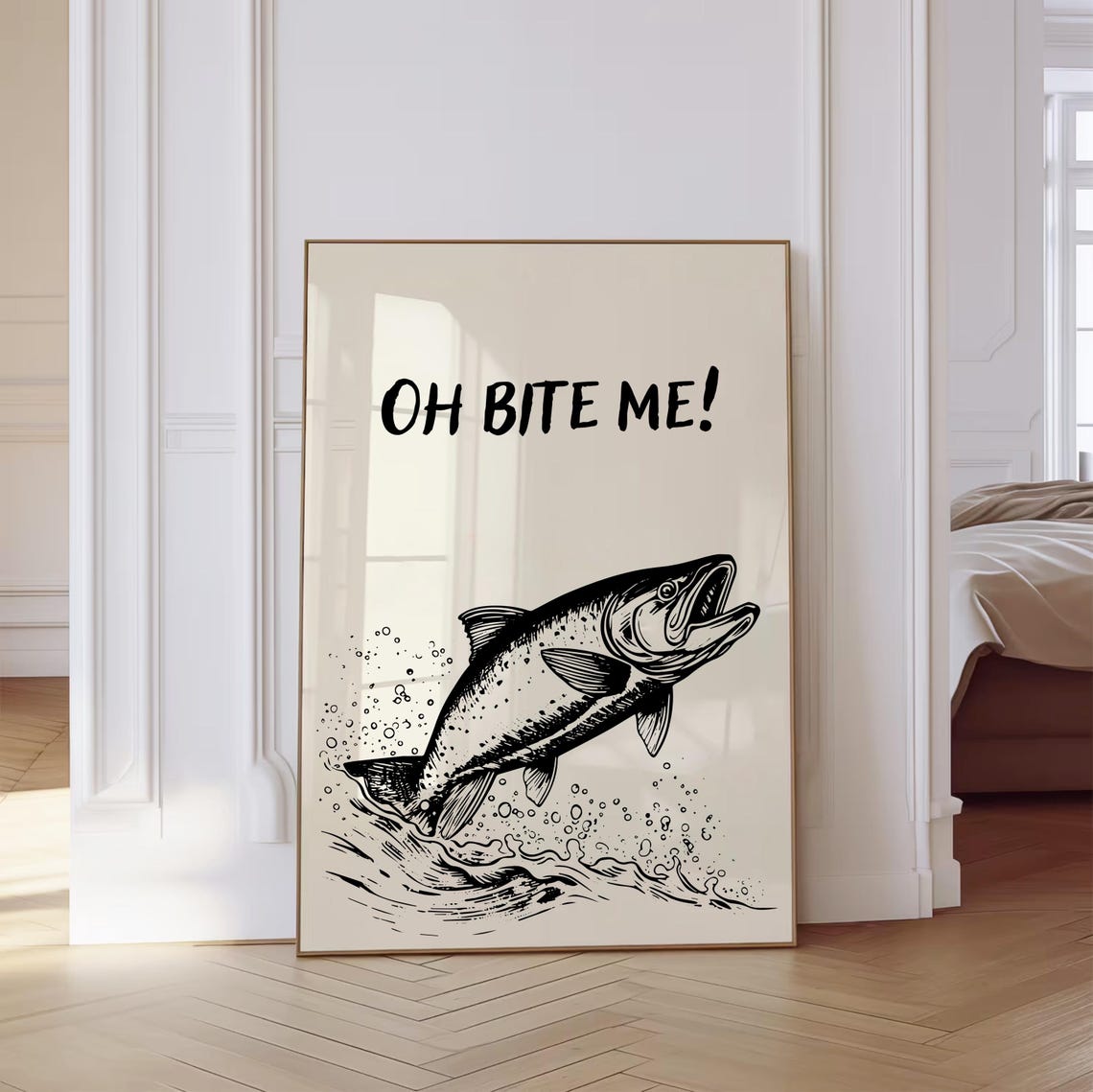 Oh Bite Me Leaping Trout Vintage Fish Illustration Funny Poster - Image 4