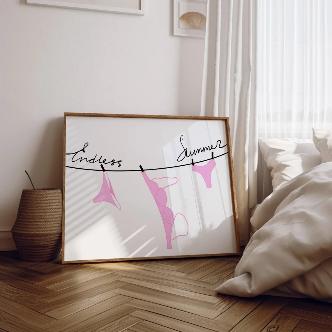 Endless Summer Pink Bikinis on Clothesline Cute Coastal Wall Art - Image 2