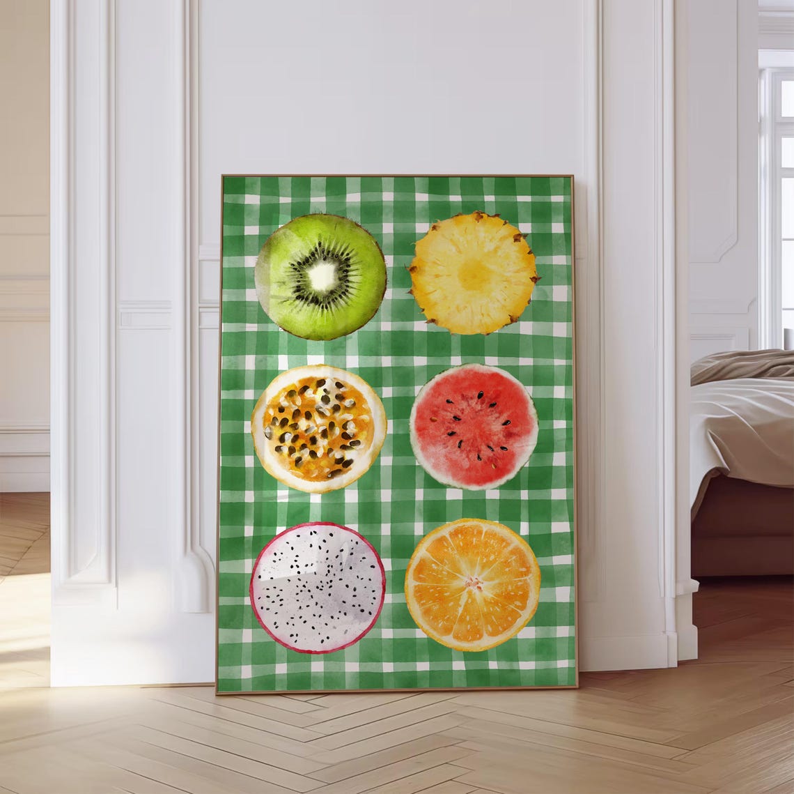 Tropical Fruit Slices Watercolor Green Gingham Kitchen Wall Art
