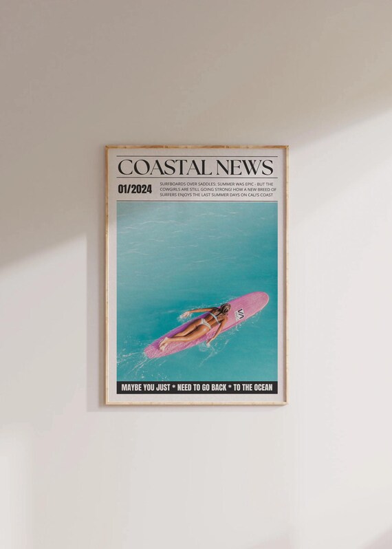 Coastal News January 2024 Pink Surfboard Aerial Photo Poster