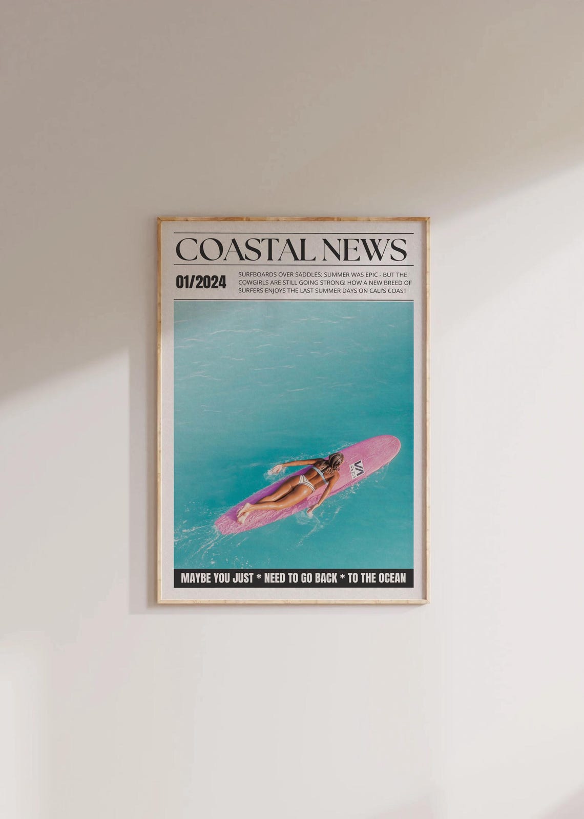 Coastal News January 2024 Pink Surfboard Aerial Photo Poster
