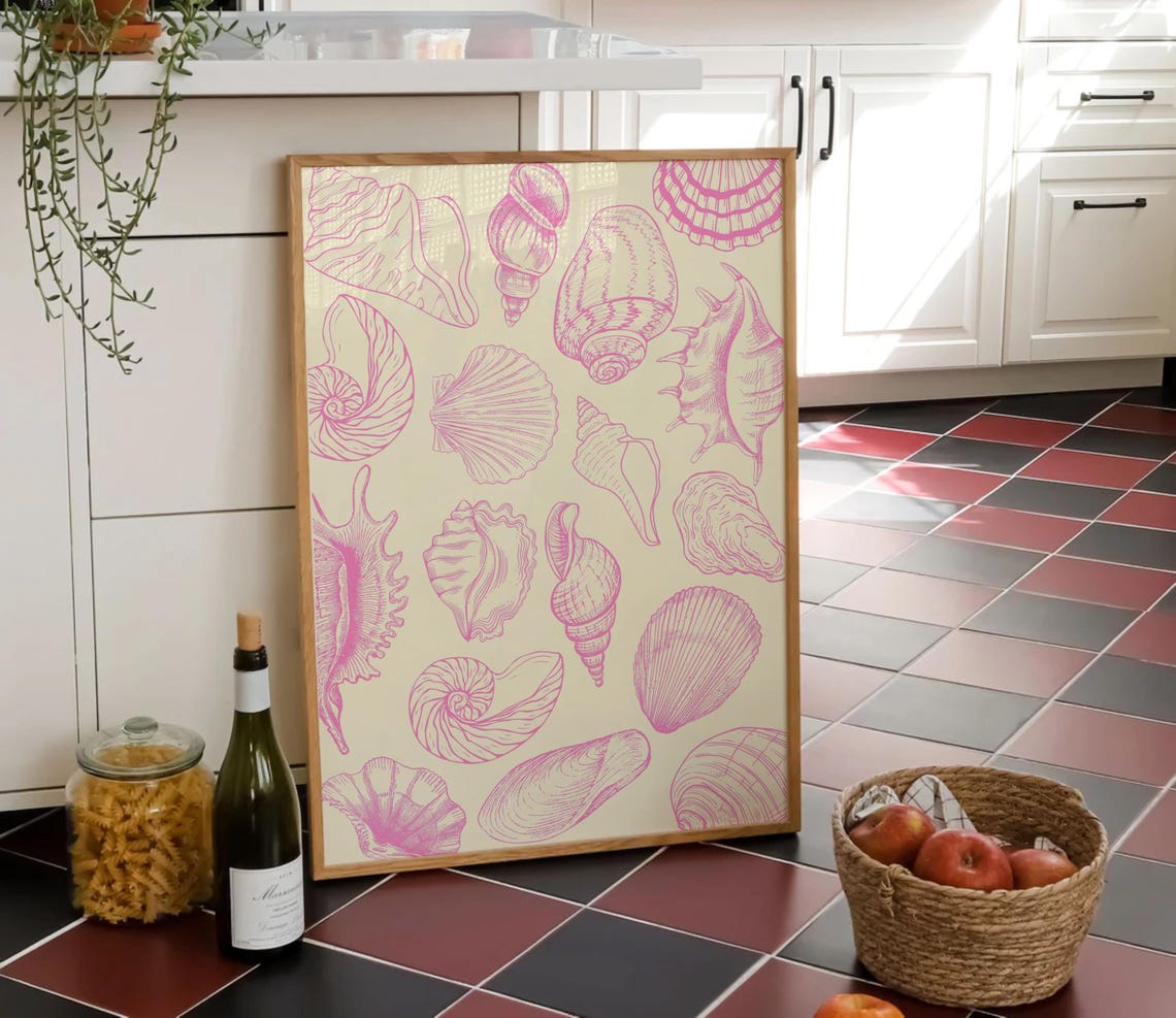 Pink Seashell Line Art Collage Coastal Cowgirl Aesthetic Poster - Image 3