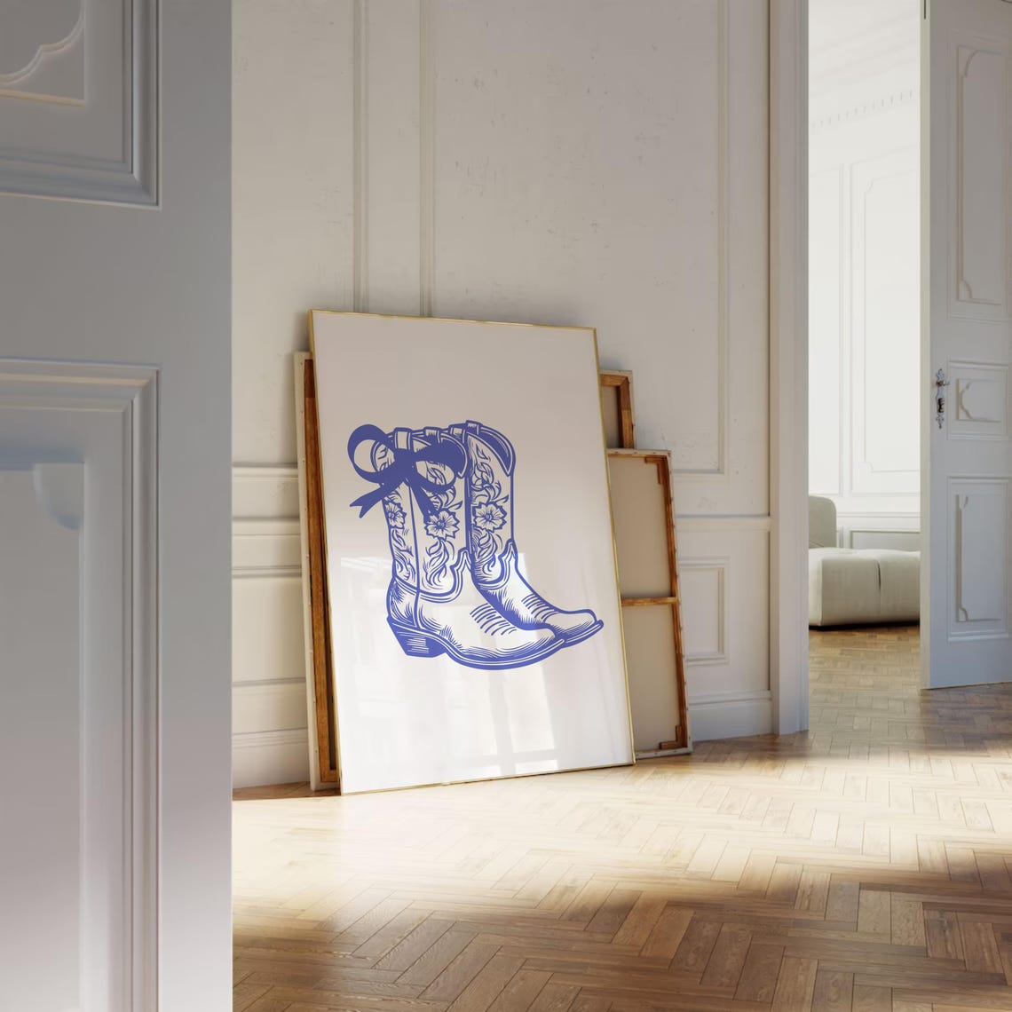 Navy Blue Cowgirl Boots With Bow Detailed Western Line Art Poster - Image 3