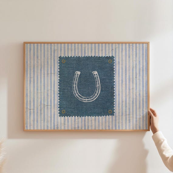 Rustic Horseshoe Wall Art Vintage Gingham Print Denim Patch Lucky Horizontal Western Decor