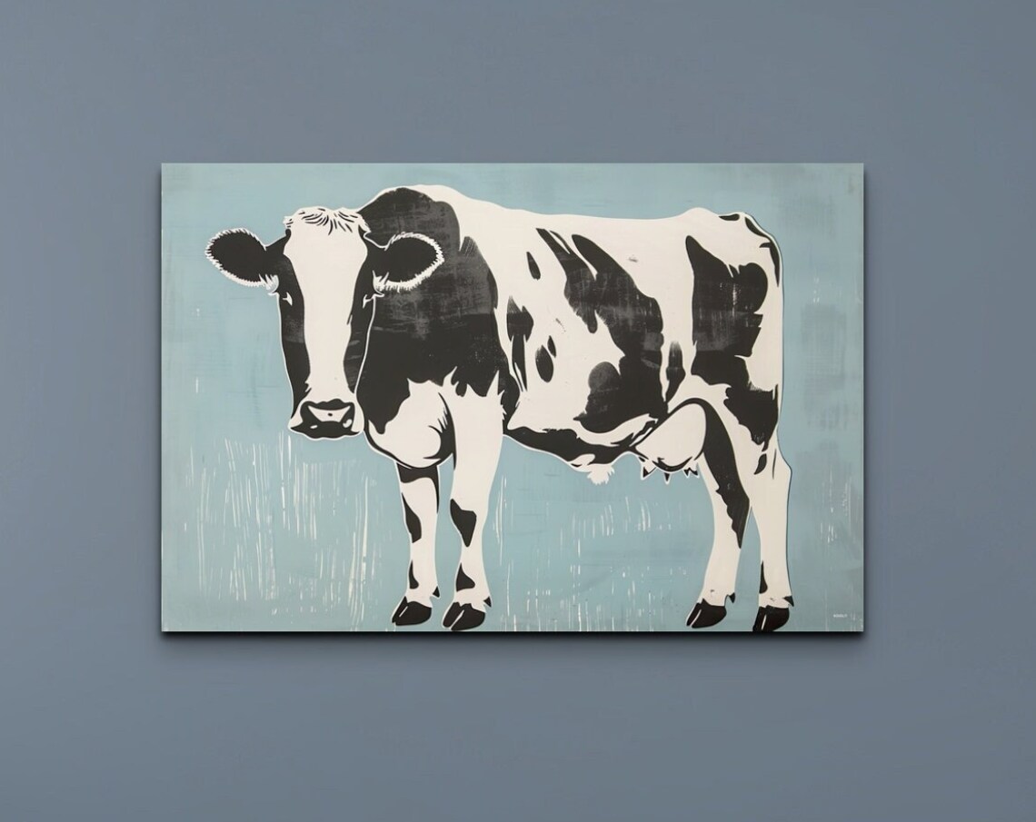 Holstein Friesian Cow Pop Art Style Blue Background Farm Poster