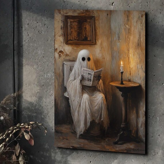 Cute Ghost on Toilet Reading Paper in a Candlelit Vintage Bathroom Poster