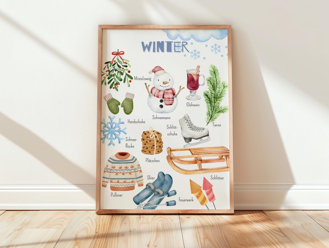 German Winter Words Watercolor Snowman Learning Kids Room Poster