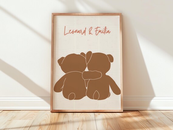Leonard and Emilia Personalized Name Hugging Teddy Bears Nursery Poster