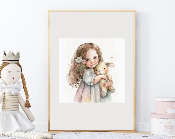 Sweet Little Girl Hugging Bunny Watercolor Nursery Decor Art Print