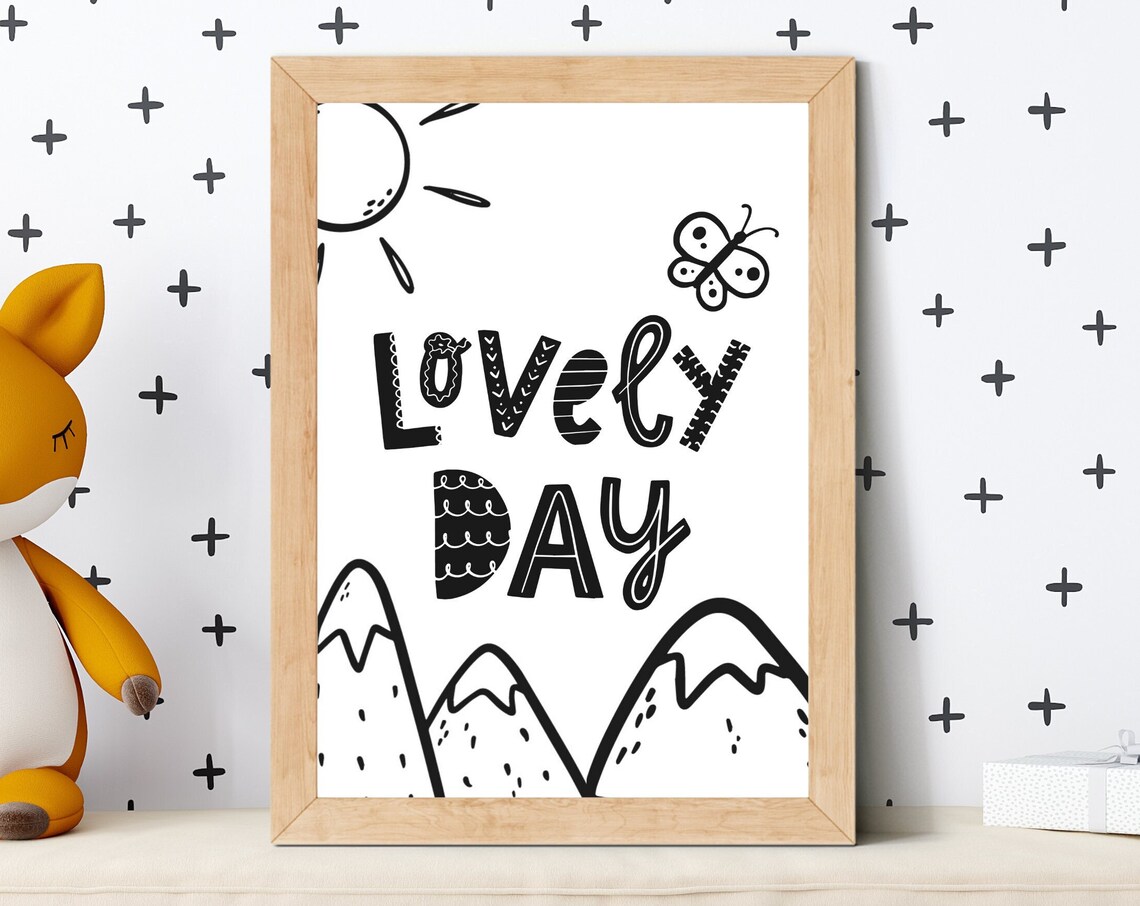 Lovely Day Monochrome Doodle Mountains Nursery Poster for Kids