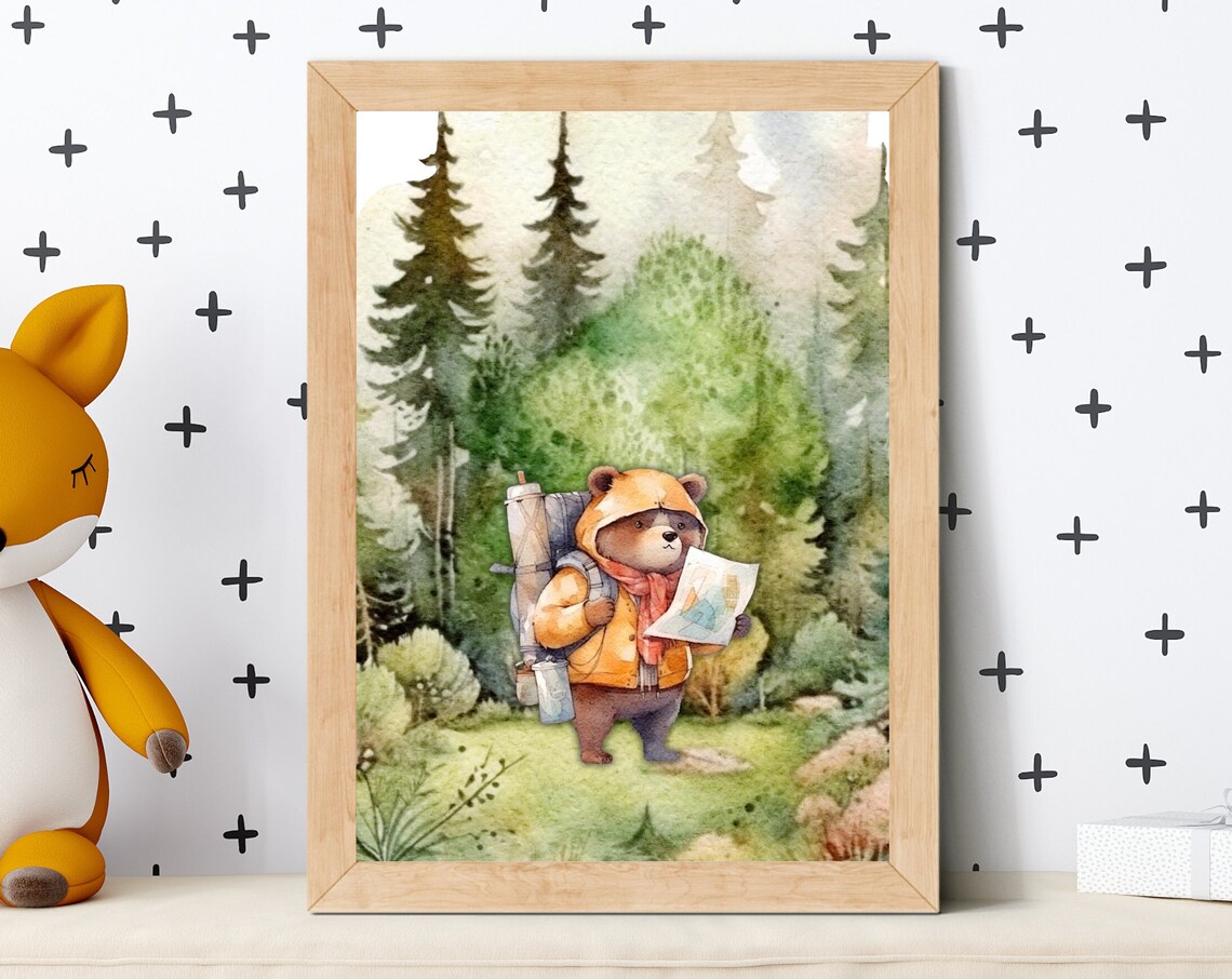 Little Bear Explorer Reading a Map Forest Woodland Nursery Poster