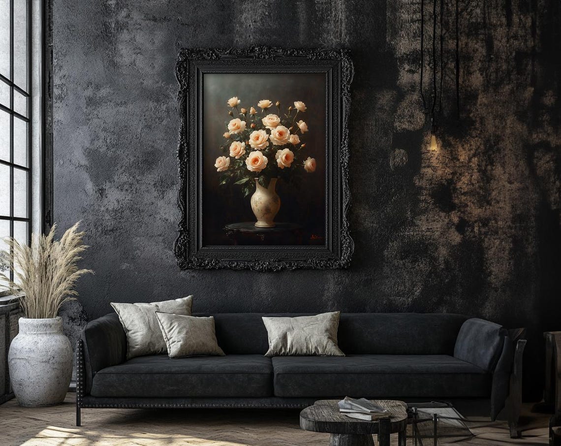 Blush Roses Bouquet in an Ornate Dark Frame Floral Art Poster