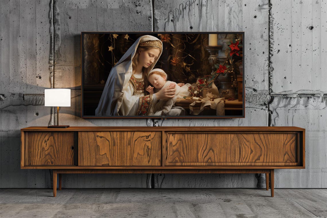 Madonna And Child With Candles And Poinsettias Christmas Art Poster - Image 2