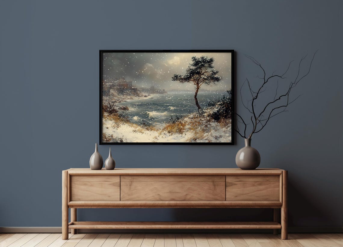 Snowy Seaside Pine Tree Winter Seascape Vintage Style Poster - Image 4