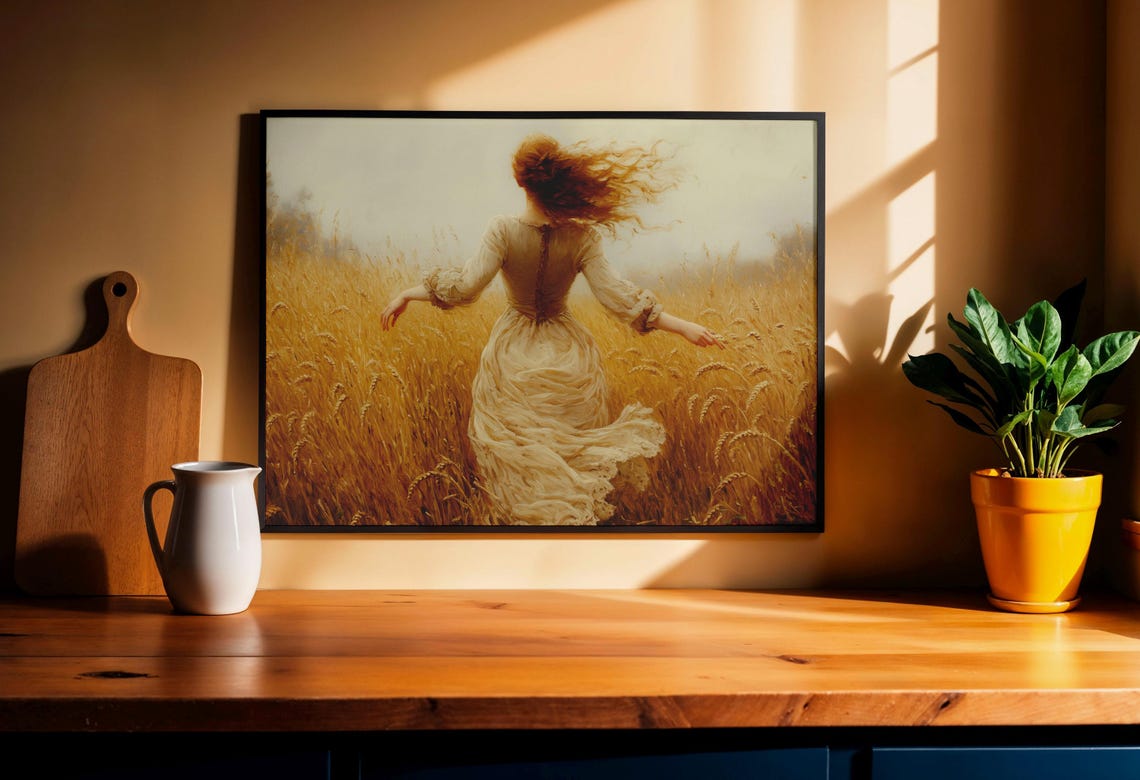 Red Haired Woman Running Through Golden Wheat Field Painting Poster - Image 4